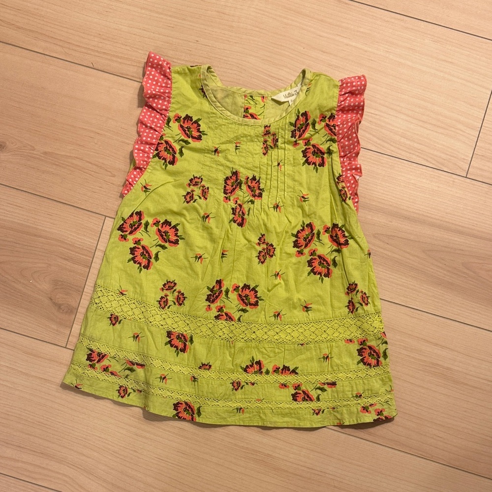 Matilda Jane Girls Lime Green Floral Sleeveless Top with Pink Ruffle Trim